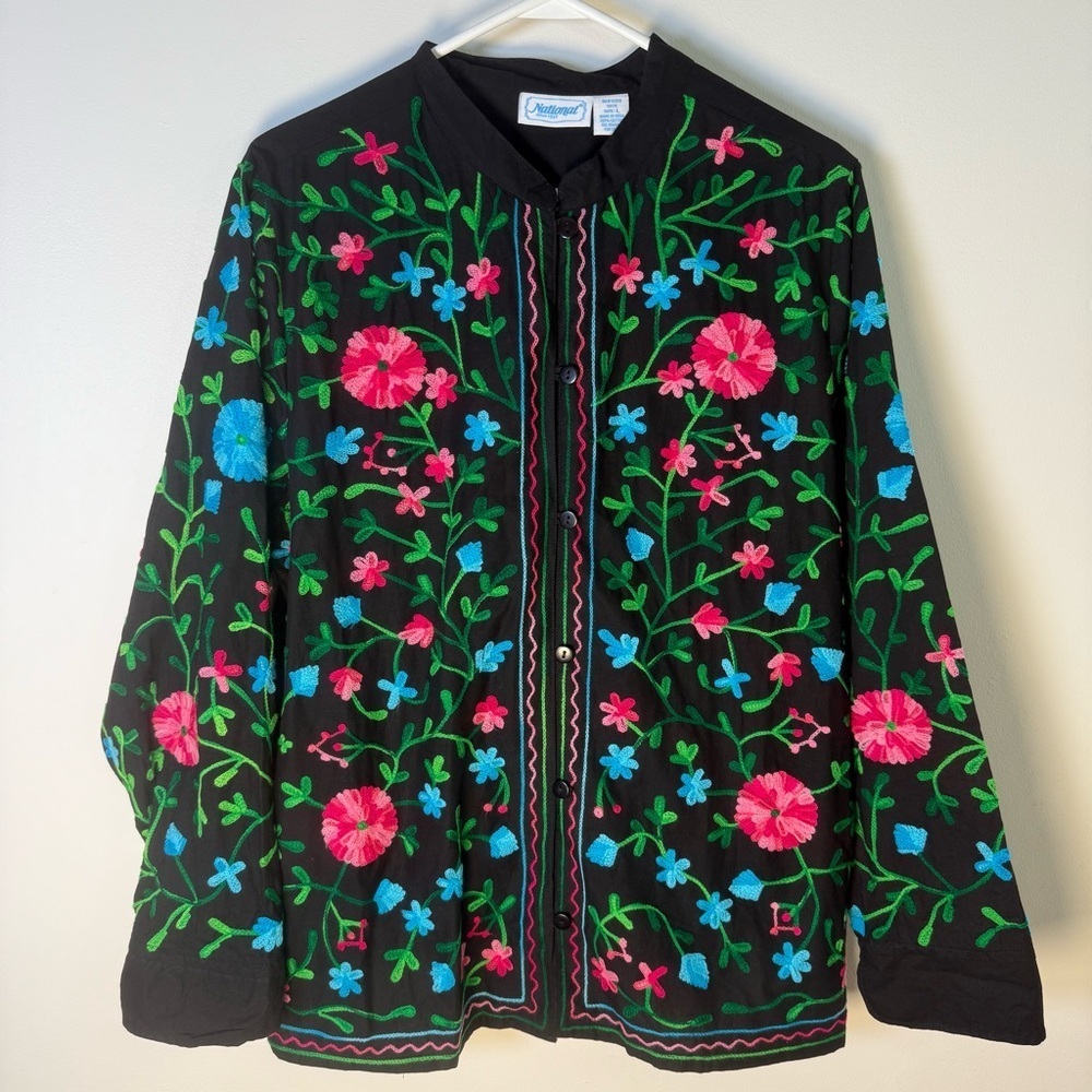 National Vibrant Embroidered Floral Lightweight Button Front Jacket Size Large